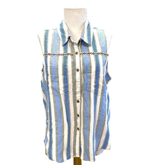 Shyanne blue white kaki stripe pockets buttons collar Indian motif band - Picture 1 of 3